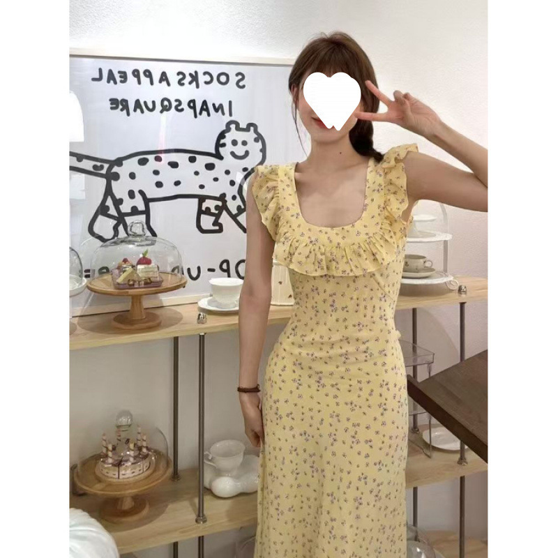 French romantic gentle small flying sleeves blue floral dress children's summer 2024 new seaside vacation dress