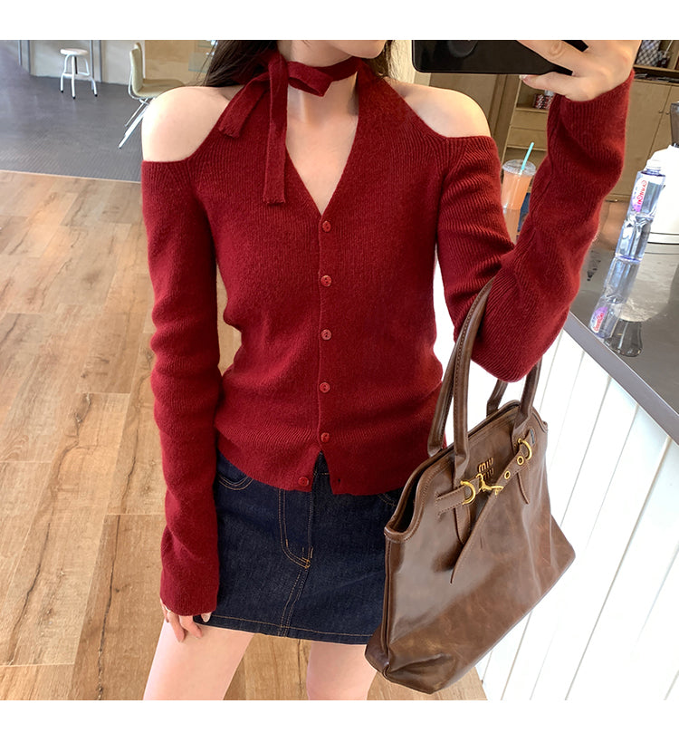 Lazy Halter Neck Long Sleeve Knitted Sweater for Women, Autumn New Style, Super Beautiful, Mature Off-Shoulder Top