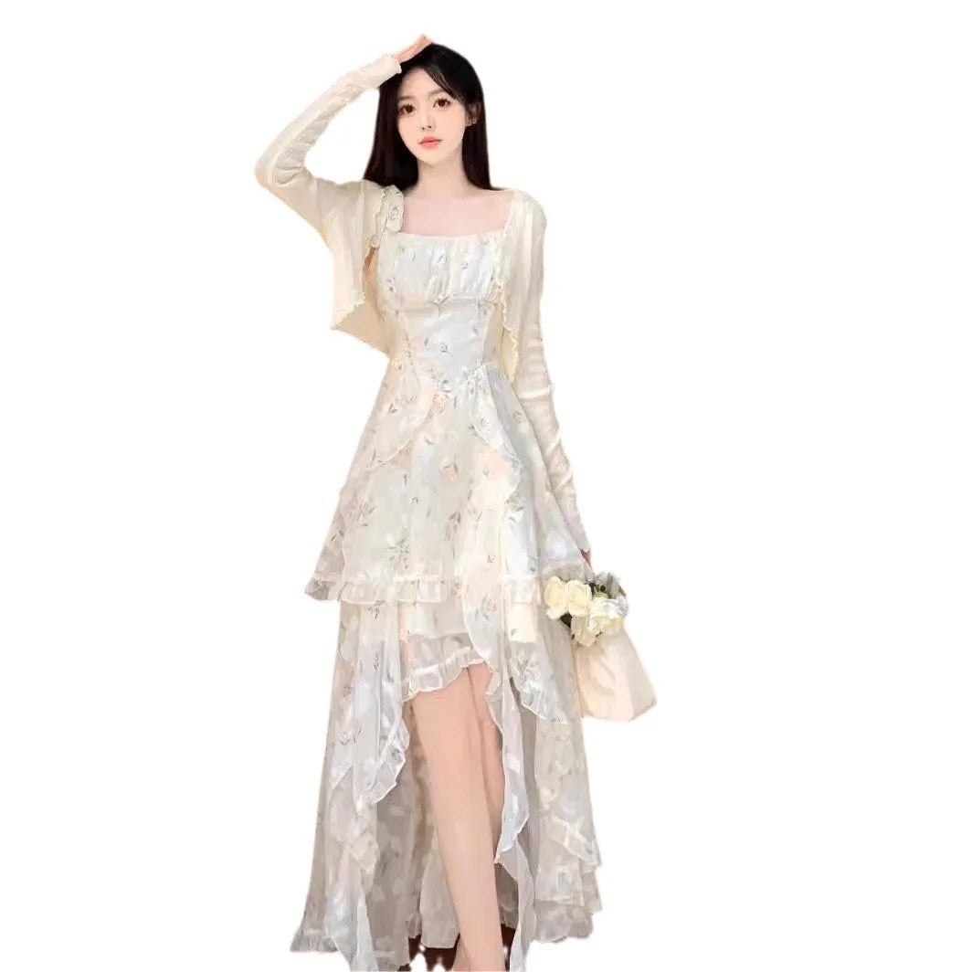 Large Size French Coffee Break Floral Suspender Dress Fat Mm Small Fresh Holiday Style Sweet Temperament Trailing Long Dress