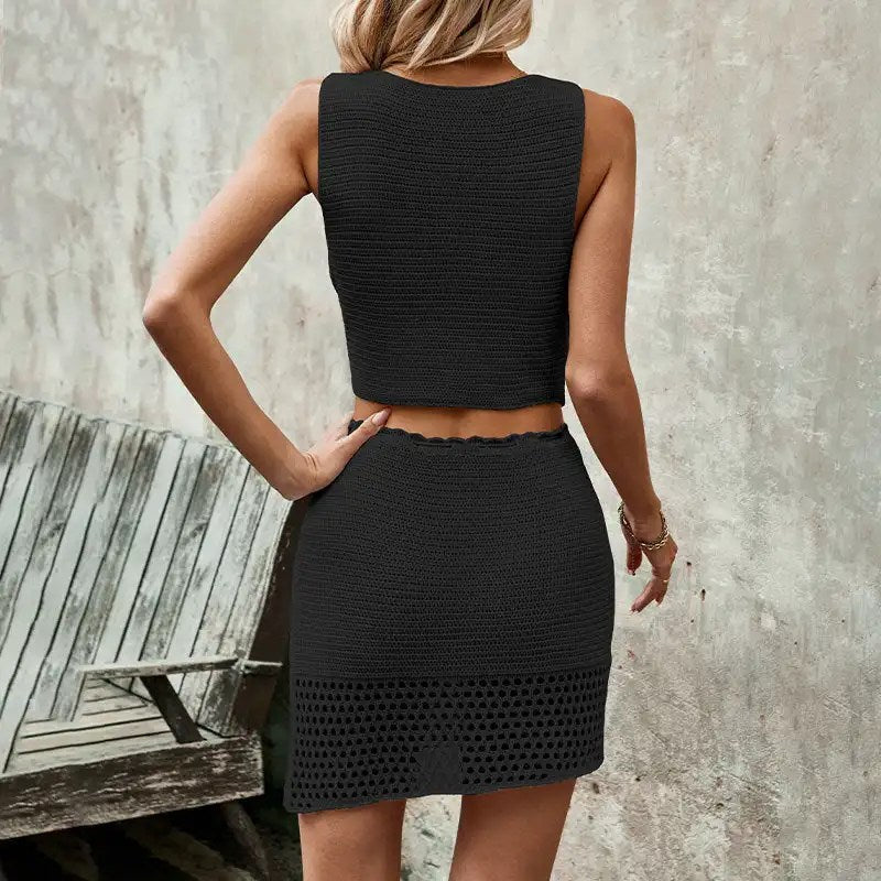 Spring Summer Fashion: Women's V-Neck Tank Top and Half Skirt Set in Solid Colors