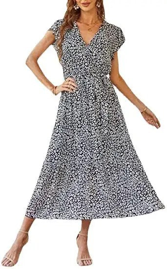 Stylish and Chic: Women's Floral Summer Dress with V-neck, Short Sleeves, Belt, and Pleated Hem - Perfect for Bohemian Fashion Lovers!