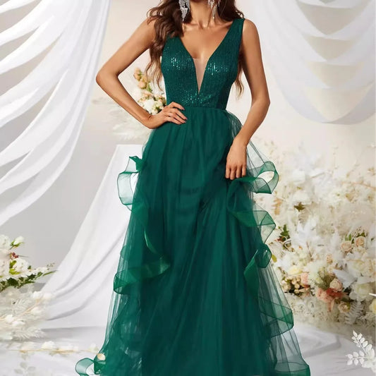 Celebrity Evening Temperament Sexy Split Sequin Suspender Mesh Splicing Dress Formal Settings Long Dress Dresses