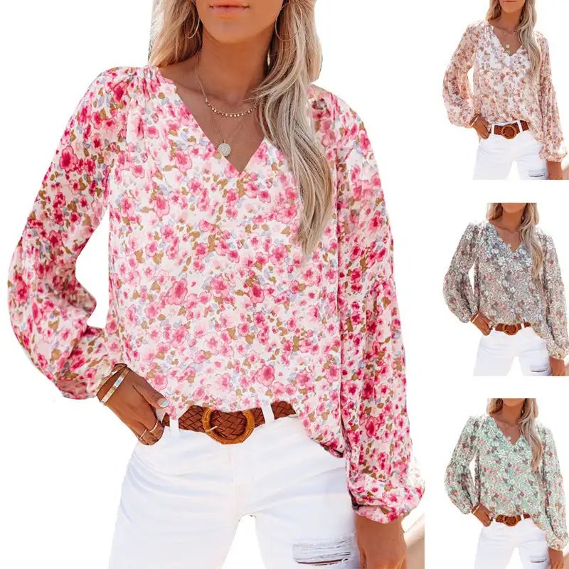 Stylish and Chic: Women's V-Neck Chiffon Shirt with Lantern Sleeves and Blood Floral Print