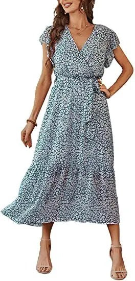 Stylish and Chic: Women's Floral Summer Dress with V-neck, Short Sleeves, Belt, and Pleated Hem - Perfect for Bohemian Fashion Lovers!