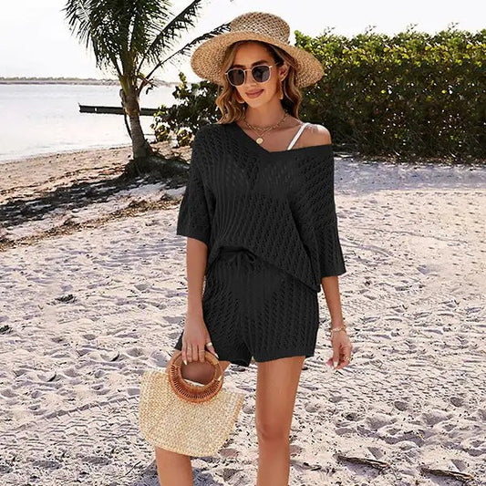 Stay Cool and Stylish with Our 2024 Summer Two-Piece Set: Solid Color Hollow Knit Top and High-Waisted Shorts for Women's Casual Wear
