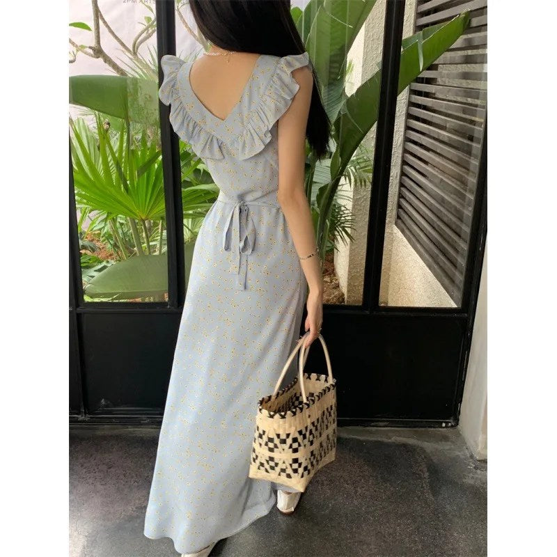 French romantic gentle small flying sleeves blue floral dress children's summer 2024 new seaside vacation dress
