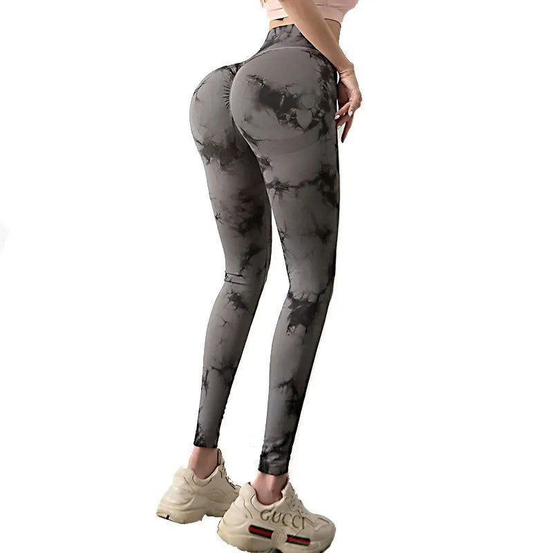 High Waist Peach Tie-Dye Yoga Leggings for Women - Seamless, Hip Lift, Gym & Running Sports Pants