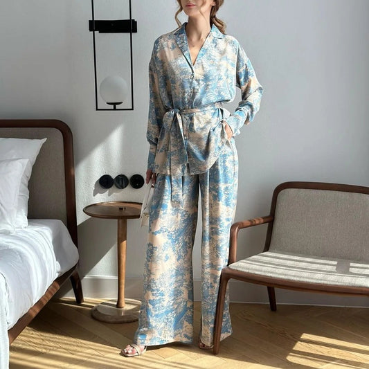 Chic French Printed Lace-Up Shirt & High-Waisted Wide Leg Pants Set for Women - New Fashionable Long Sleeved Ensemble