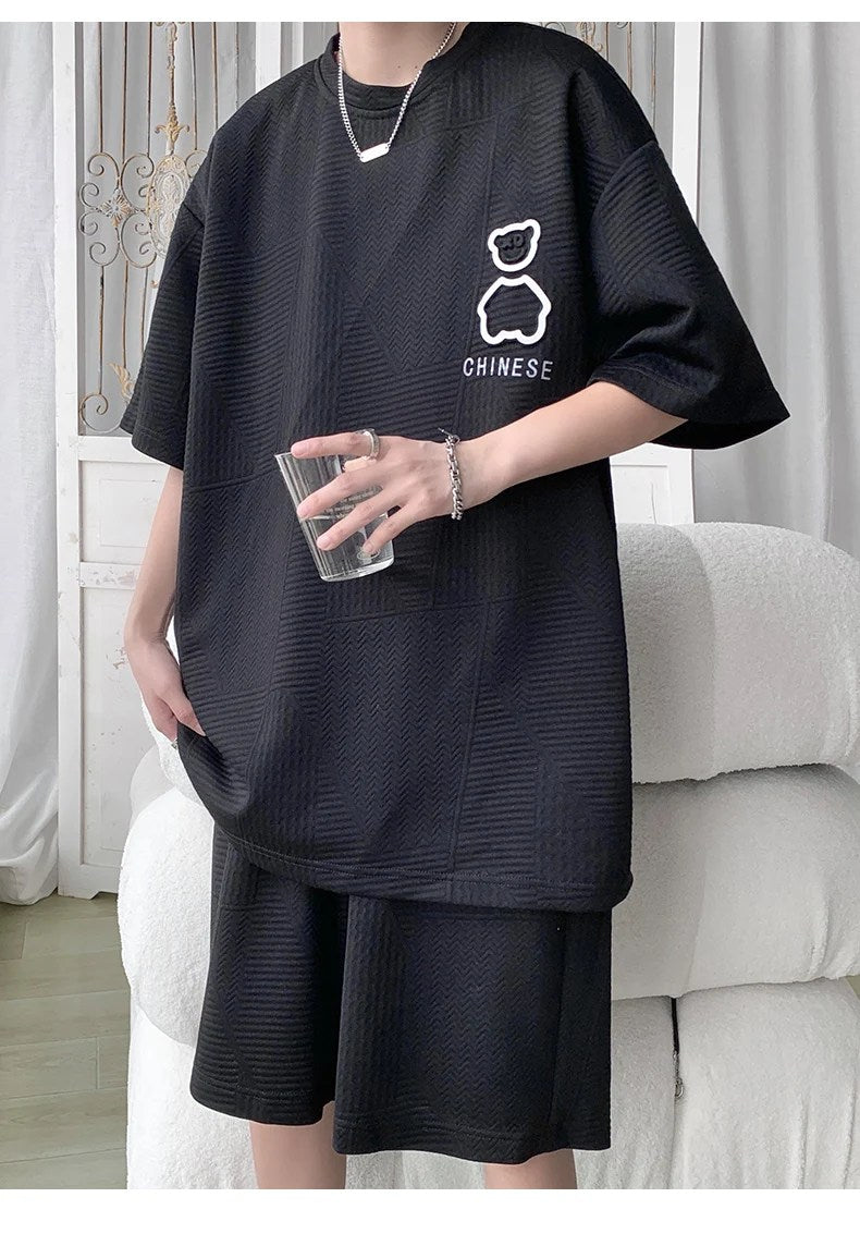 Men's Summer Fashion Bear T-Shirt & Shorts Set - Loose Fit, Short-Sleeved, Basketball Suit, Waffle Sports Suit