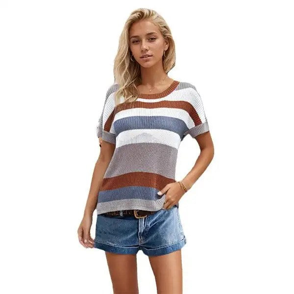 Stylish and Comfortable: 2024 Rainbow Stripe Short Sleeved Knitwear for Women - Perfect for Spring and Summer!