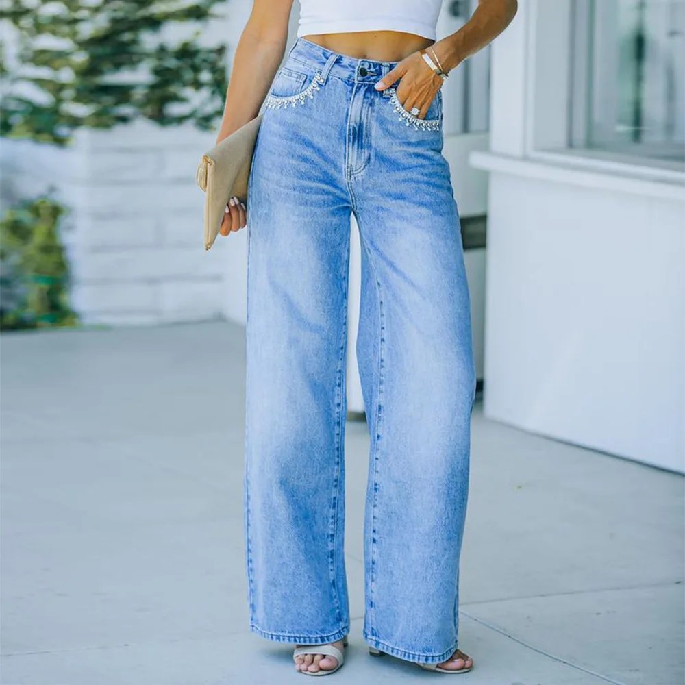 Effortlessly Chic: Women's Loose Denim Pants with Petal Pocket Detail