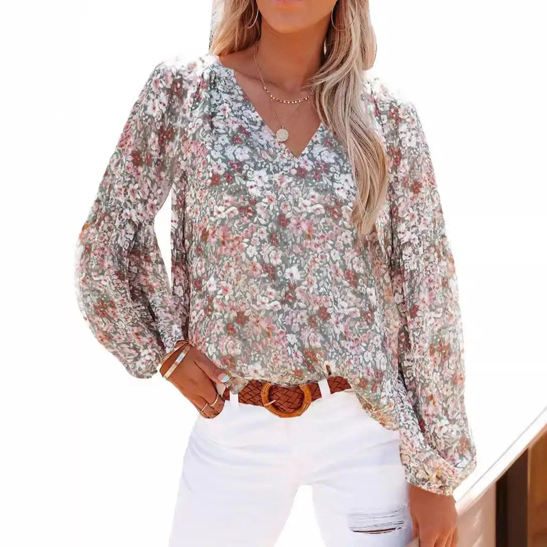 Stylish and Chic: Women's V-Neck Chiffon Shirt with Lantern Sleeves and Blood Floral Print