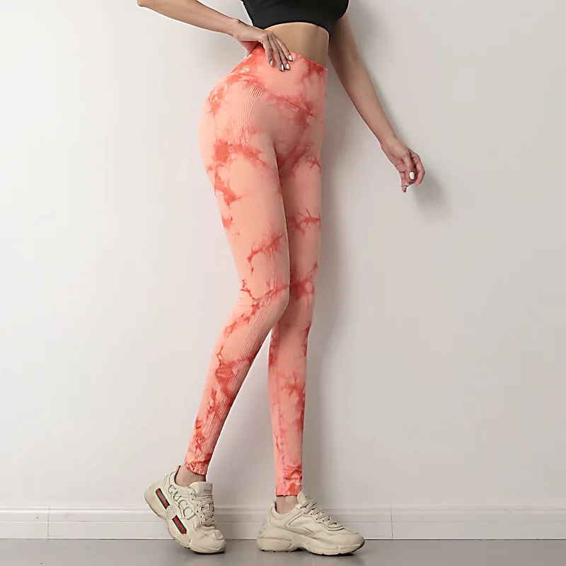 High Waist Peach Tie-Dye Yoga Leggings for Women - Seamless, Hip Lift, Gym & Running Sports Pants