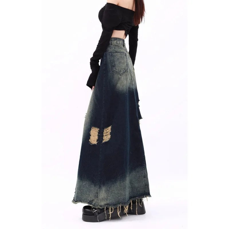Original Design Heavy Industry Grinding and Washing Wasteland A-type Pendulum Raw Edge Ripped Denim Skirt