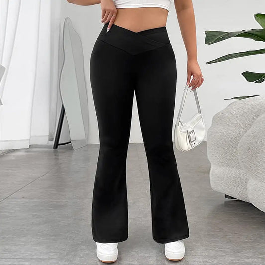 Upgrade Your Style with Plus Size V-Waist Casual Pants - High Waist, Hip Lift, Slim Fit, and Wide-Leg Design!