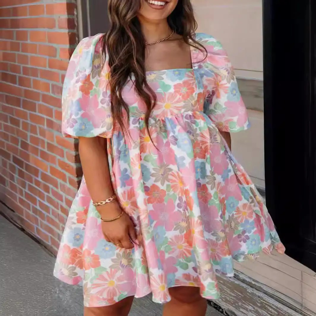 Summer Fashion: Elevate Your Style with Women's Floral Print Square Neck Puff Sleeve Dress - Princess Vibes!