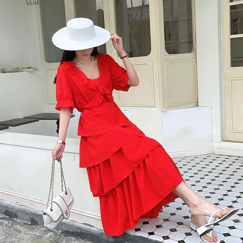 Plus Size Fat Mm Dress Red Performance Dress Festive Bridesmaid Dress Beach Skirt Design Sense Niche Cake Skirt Summer