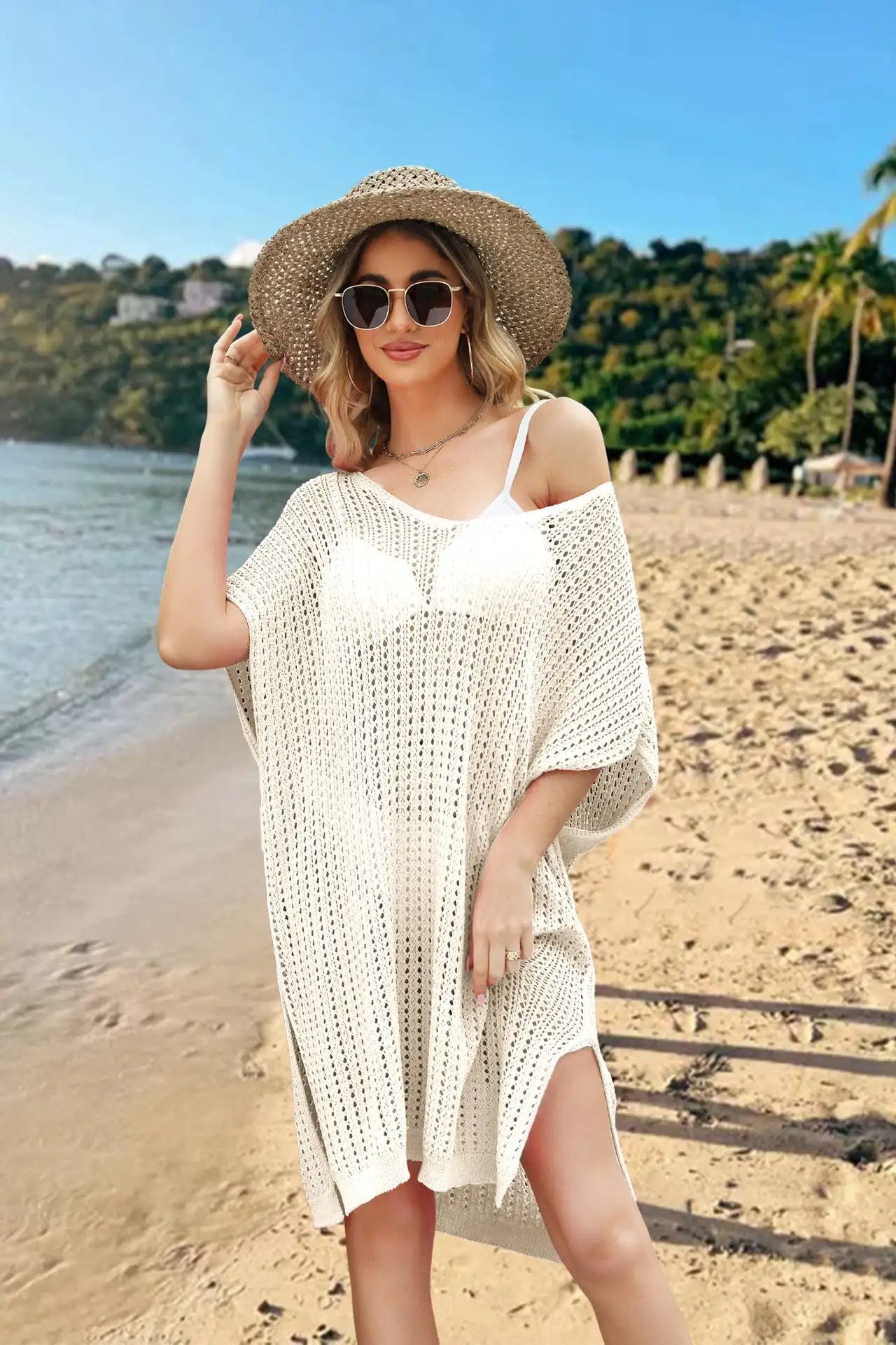 Stylish and Comfortable: 2024 Spring Summer Plus Size Beach Cover Up Dress with Cutout Splicing and Hollow Out Design