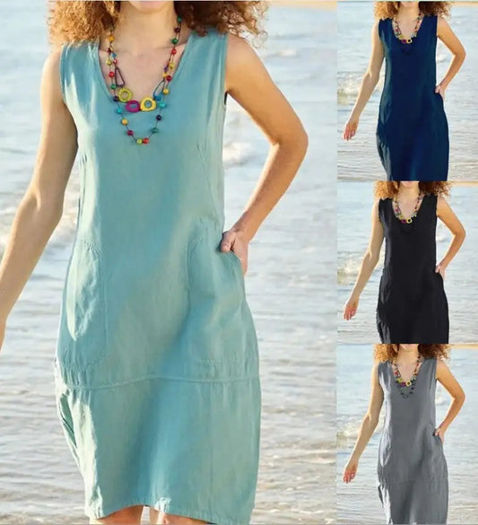 2024 Summer Fashion: Cotton and Linen U-Neck Women Dress in Solid Color - Perfect for Adventures!