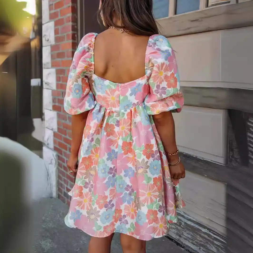 Summer Fashion: Elevate Your Style with Women's Floral Print Square Neck Puff Sleeve Dress - Princess Vibes!