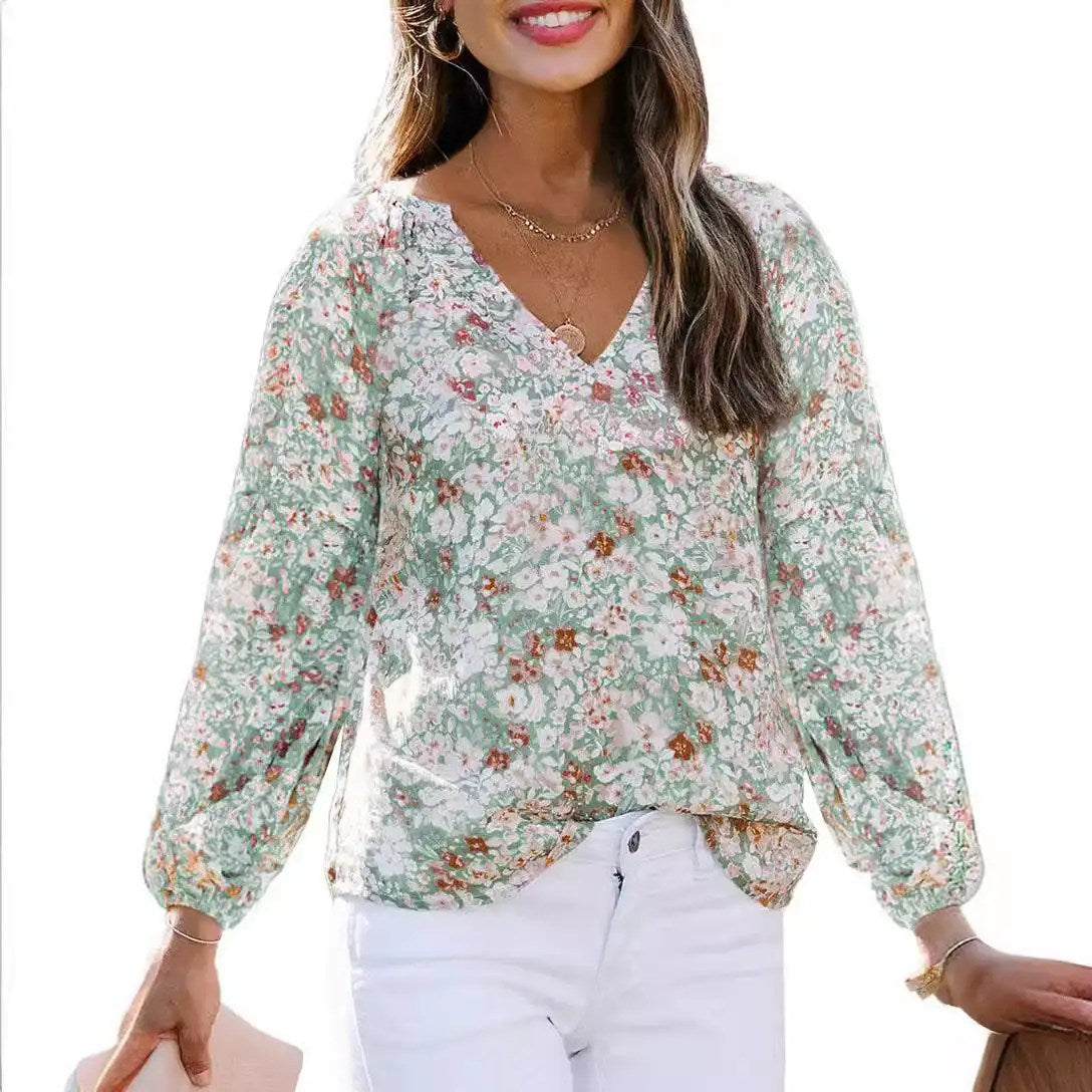 Stylish and Chic: Women's V-Neck Chiffon Shirt with Lantern Sleeves and Blood Floral Print