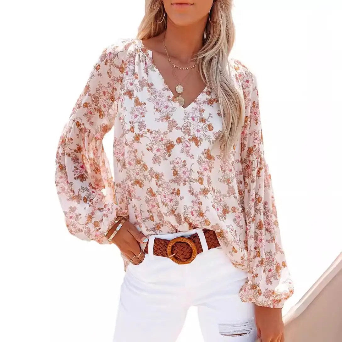 Stylish and Chic: Women's V-Neck Chiffon Shirt with Lantern Sleeves and Blood Floral Print