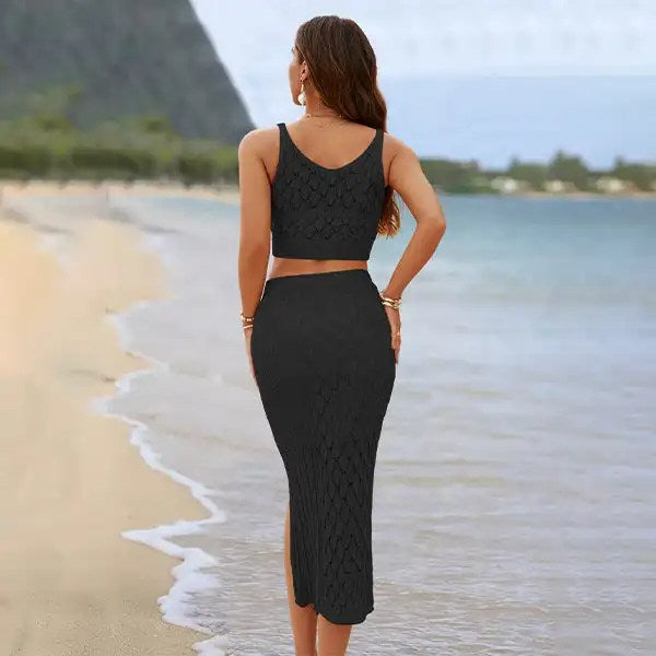Stylish 2024 Summer Women's Checkered Stripe Knit Skirt Set: Tank Top & Long Skirt Combo