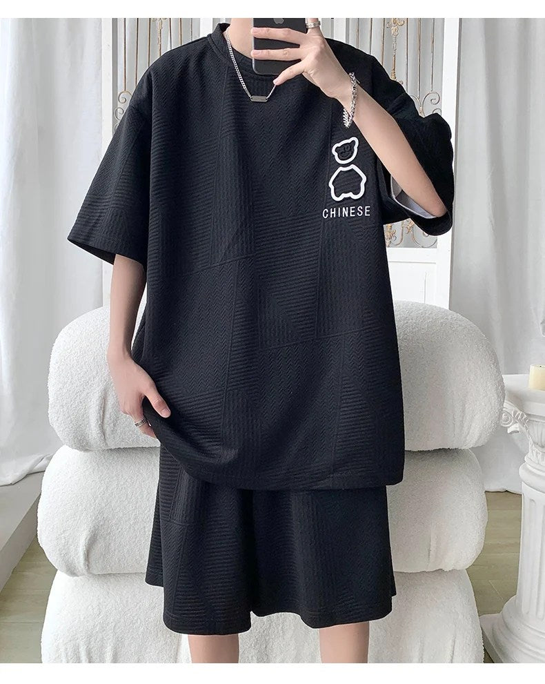 Men's Summer Fashion Bear T-Shirt & Shorts Set - Loose Fit, Short-Sleeved, Basketball Suit, Waffle Sports Suit