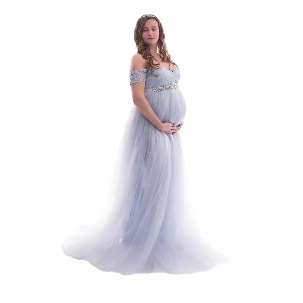 Summer New Short-sleeved Lace Stitching Mesh Maternity Trailing Wedding Party Dress