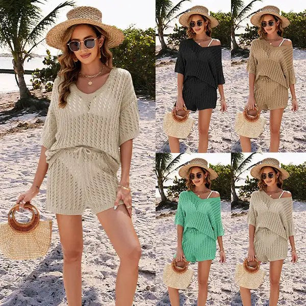 Stay Cool and Stylish with Our 2024 Summer Two-Piece Set: Solid Color Hollow Knit Top and High-Waisted Shorts for Women's Casual Wear