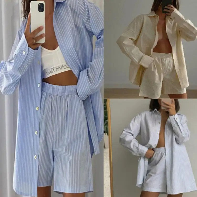 Effortlessly Chic: Striped Long Sleeve Shirt and Wide Leg Pants Shirt Suits for Summer