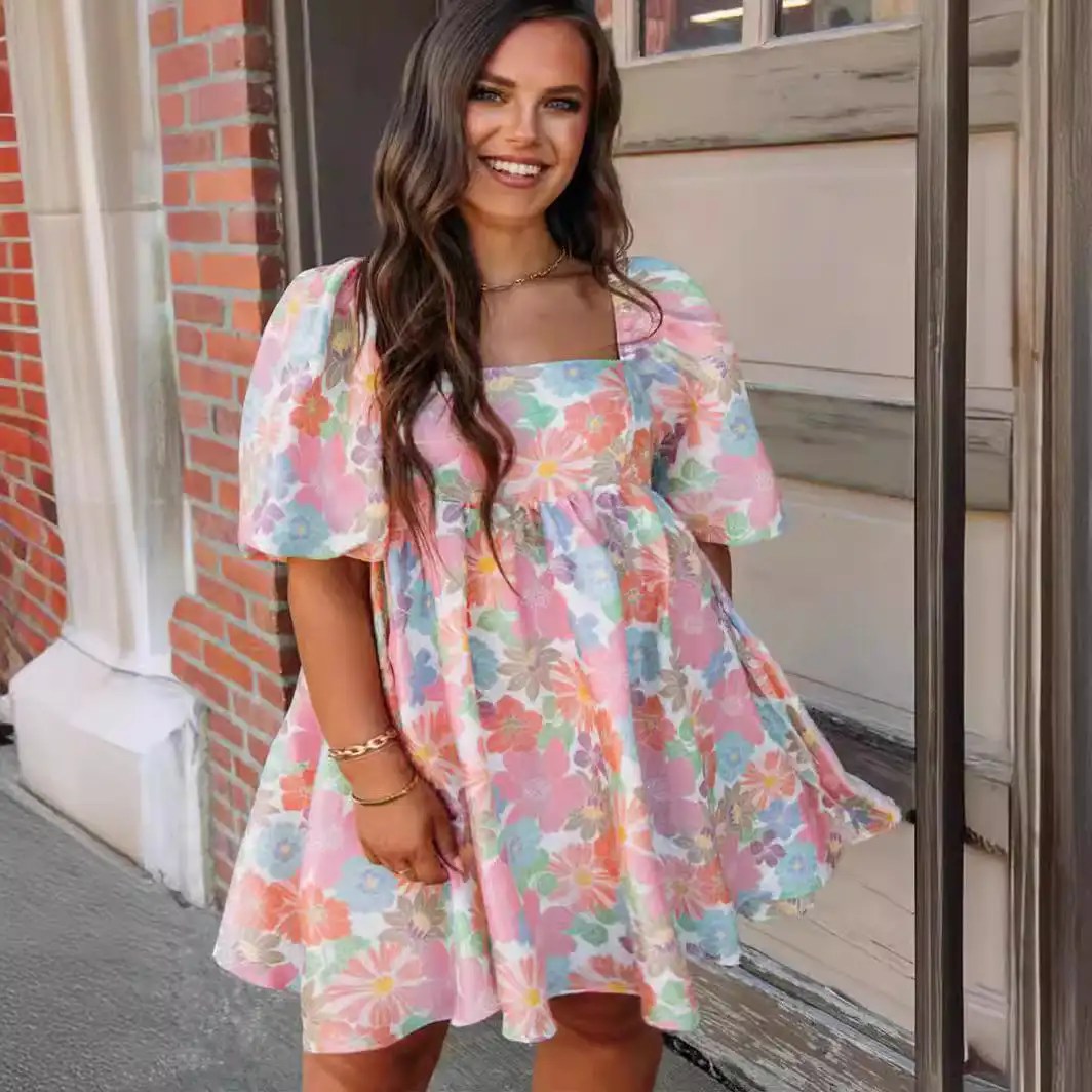 Summer Fashion: Elevate Your Style with Women's Floral Print Square Neck Puff Sleeve Dress - Princess Vibes!