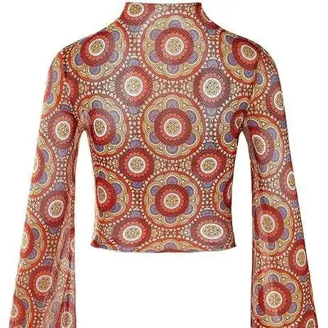 Women's Trumpet Sleeves Top with Lettuce Edging and Flower Mesh - Perfect for Open Navel T-shirt Look!