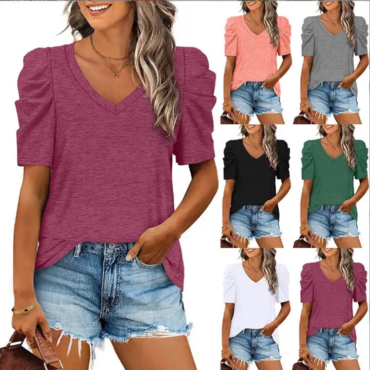 Stay Stylish this Summer with our Drawn Pleated V-neck T-shirt - Popular