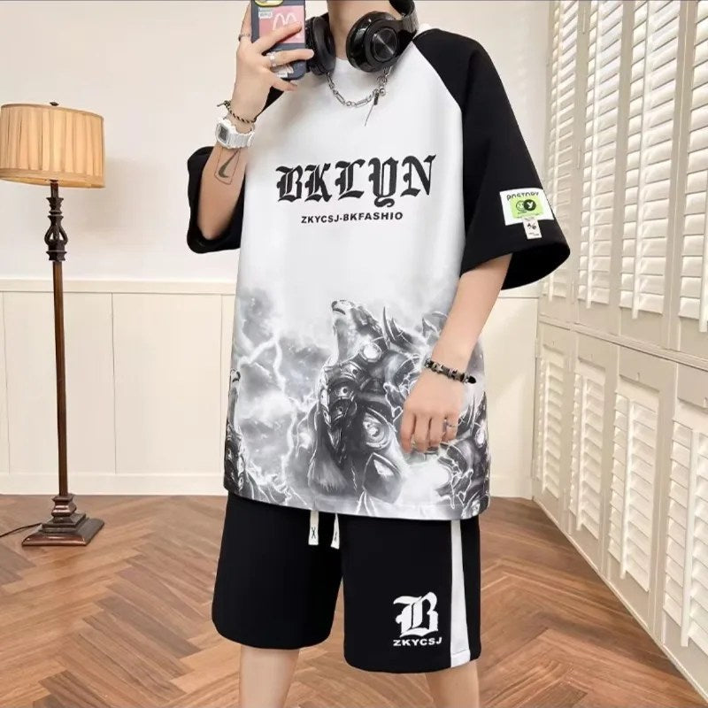 Men's Summer Casual Sports Suit - Loose Large Size, Ice Silk Short Sleeves Tshirt and Shorts - Handsome Teen Waffle Design