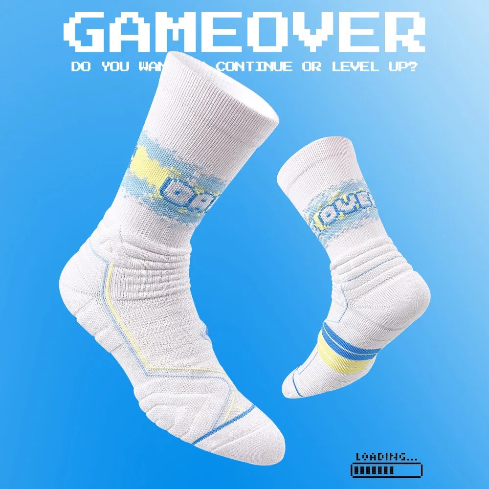 High-Top Elite Basketball Socks with Towel Bottom, Breathable Casual GAME OVER Design for Men and Women