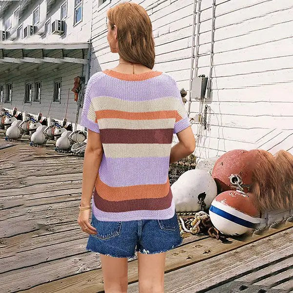 Stylish and Comfortable: 2024 Rainbow Stripe Short Sleeved Knitwear for Women - Perfect for Spring and Summer!