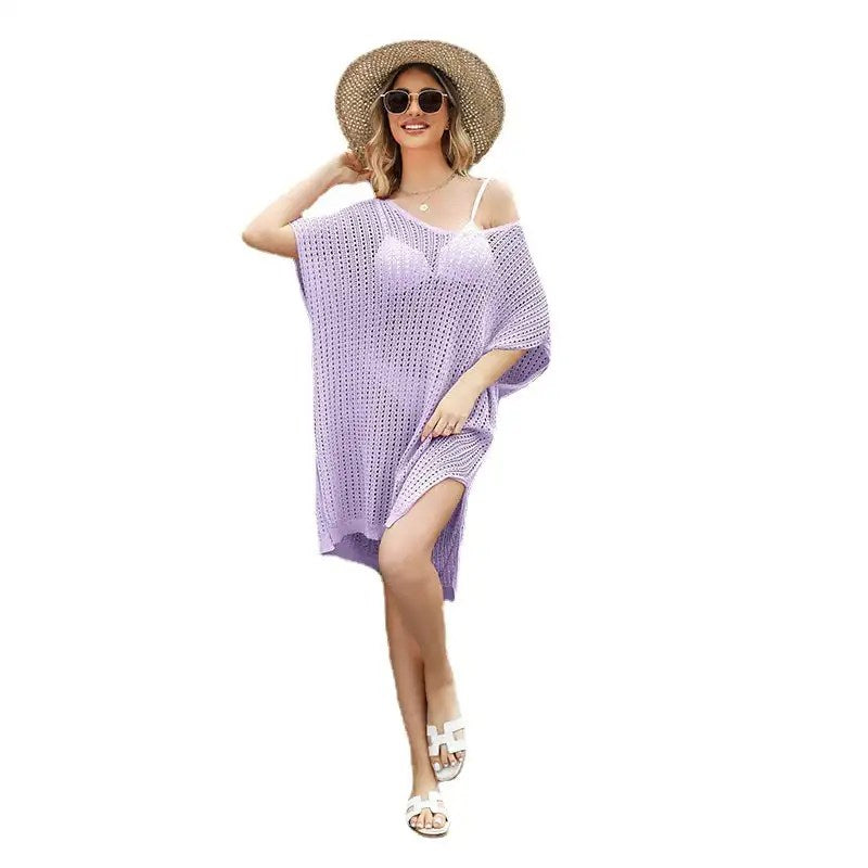 Stylish and Comfortable: 2024 Spring Summer Plus Size Beach Cover Up Dress with Cutout Splicing and Hollow Out Design