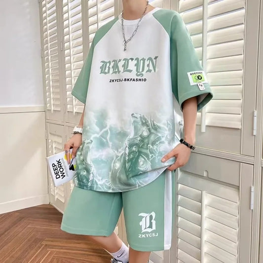 Men's Summer Casual Sports Suit - Loose Large Size, Ice Silk Short Sleeves Tshirt and Shorts - Handsome Teen Waffle Design