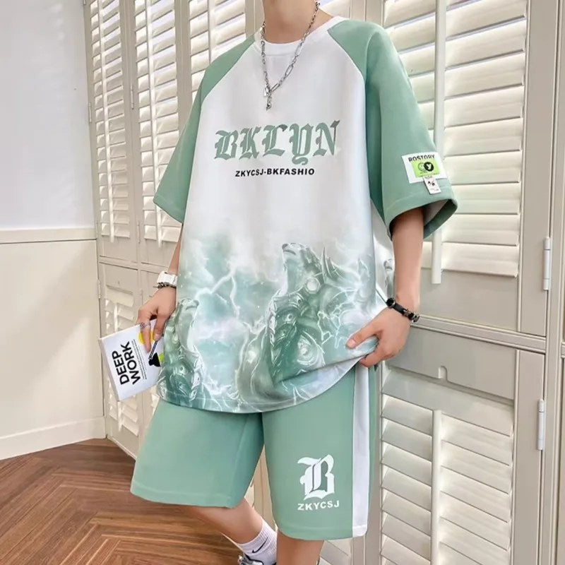 Men's Summer Casual Sports Suit - Loose Large Size, Ice Silk Short Sleeves Tshirt and Shorts - Handsome Teen Waffle Design