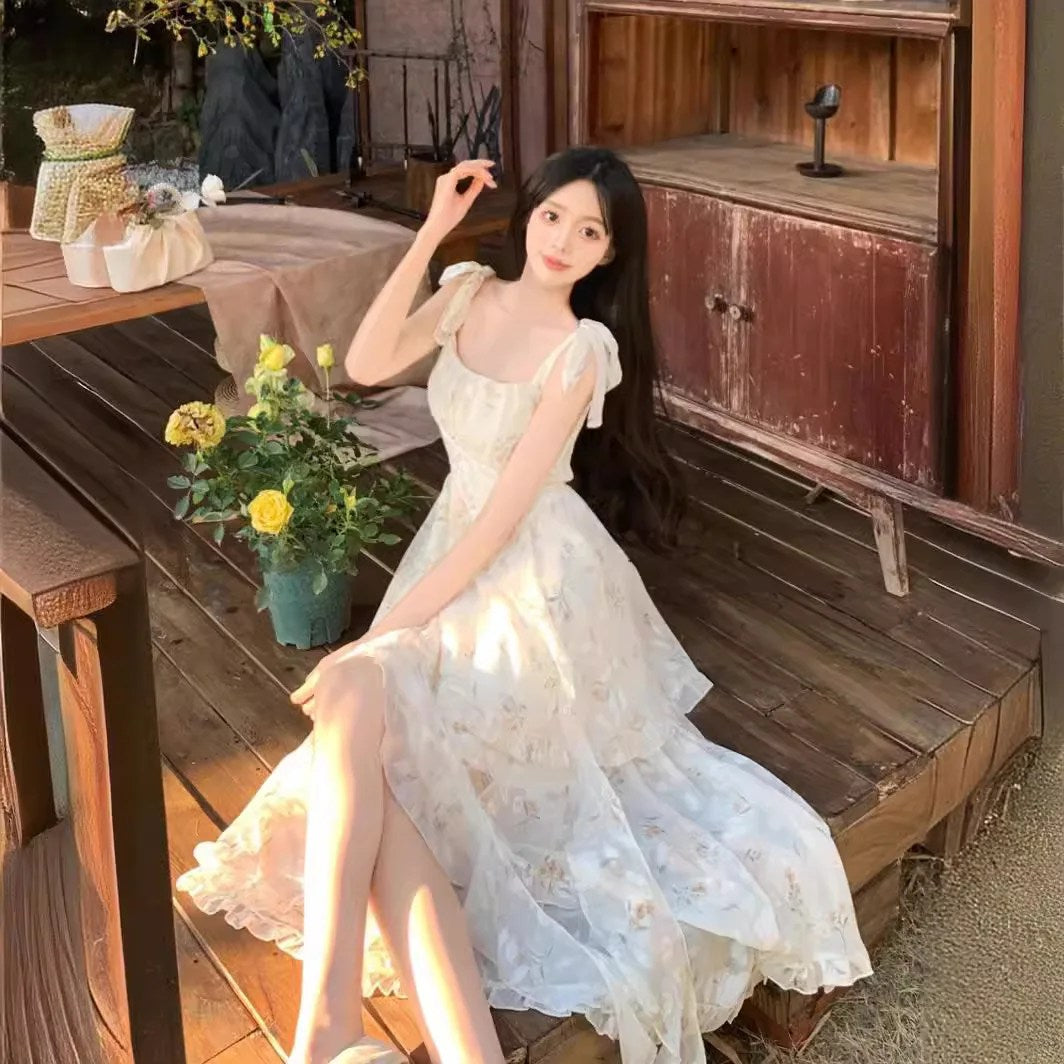 Large Size French Coffee Break Floral Suspender Dress Fat Mm Small Fresh Holiday Style Sweet Temperament Trailing Long Dress