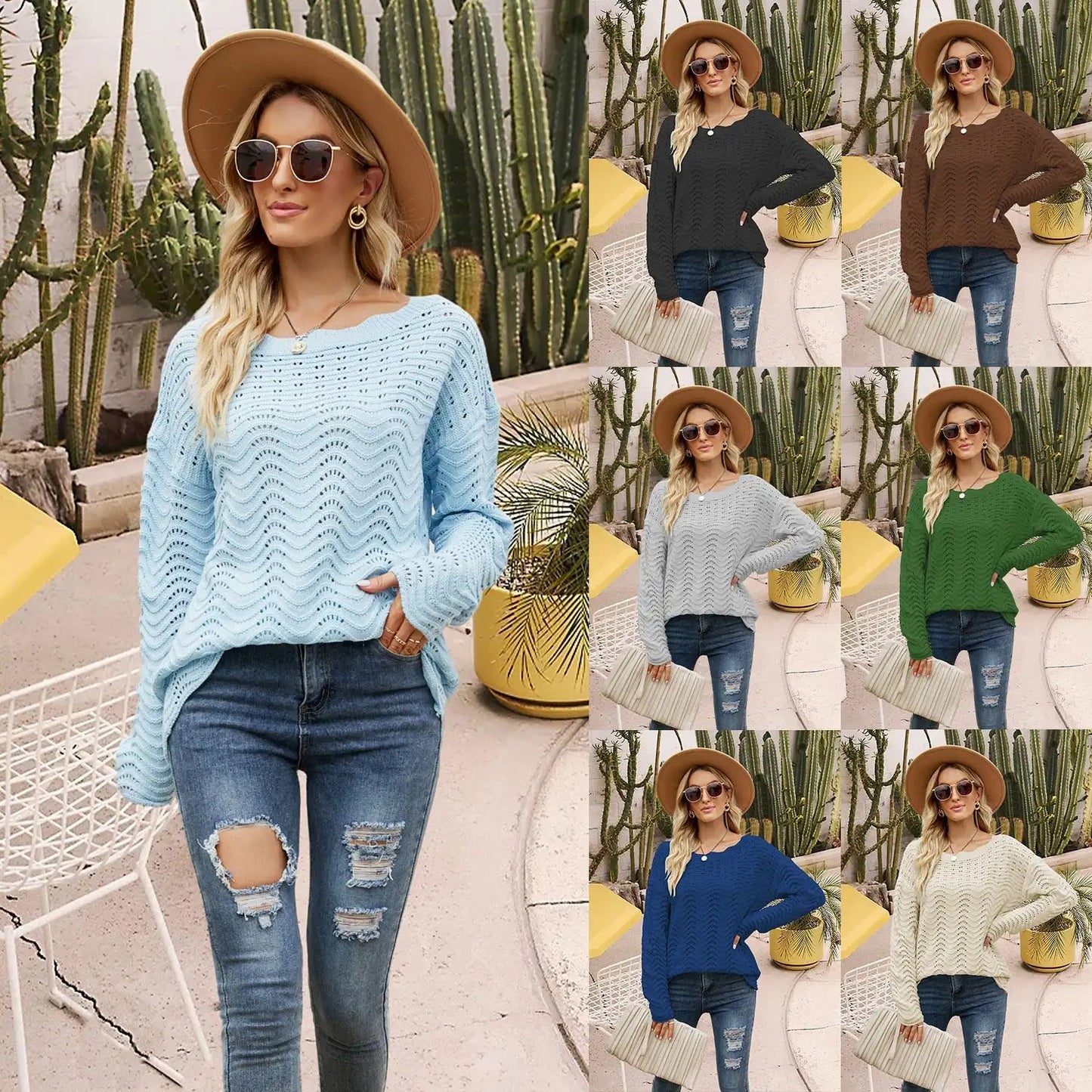 Stylish and Versatile: 2024 Autumn Solid Color Hollow Pullover Knitwear for Women