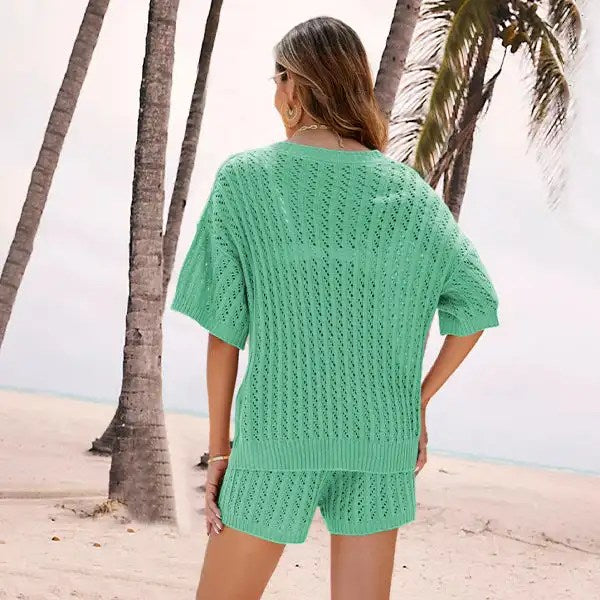 Stay Cool and Stylish with Our 2024 Summer Two-Piece Set: Solid Color Hollow Knit Top and High-Waisted Shorts for Women's Casual Wear