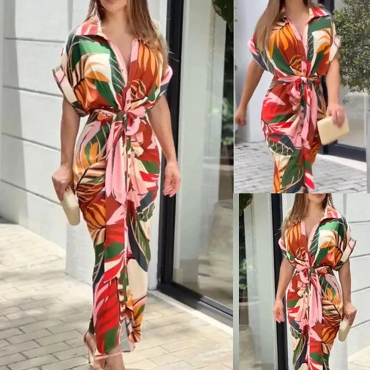 2024 Women's Printed High Waisted Cardigan Dress with Irregular Long Skirt - Short Sleeved Fashion Statement
