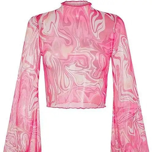 Women's Trumpet Sleeves Top with Lettuce Edging and Flower Mesh - Perfect for Open Navel T-shirt Look!