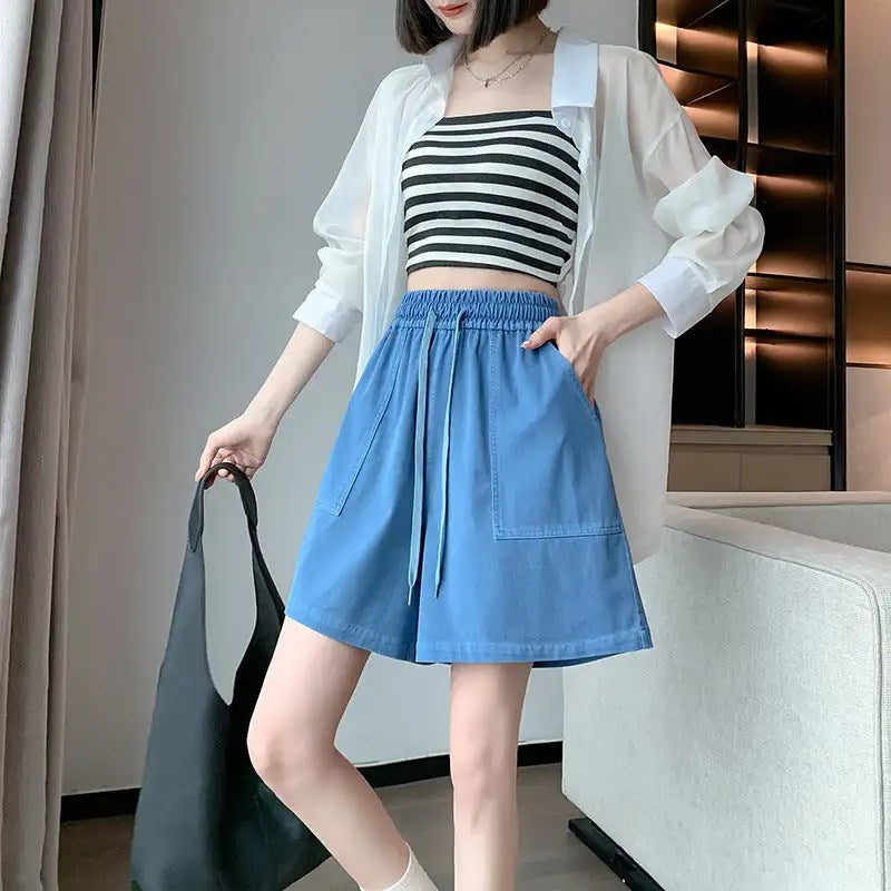 Stay Cool and Stylish this Summer with our Women's High Waisted Washed Silk Denim Jean Short - Loose, Slimming, and Comfortable!