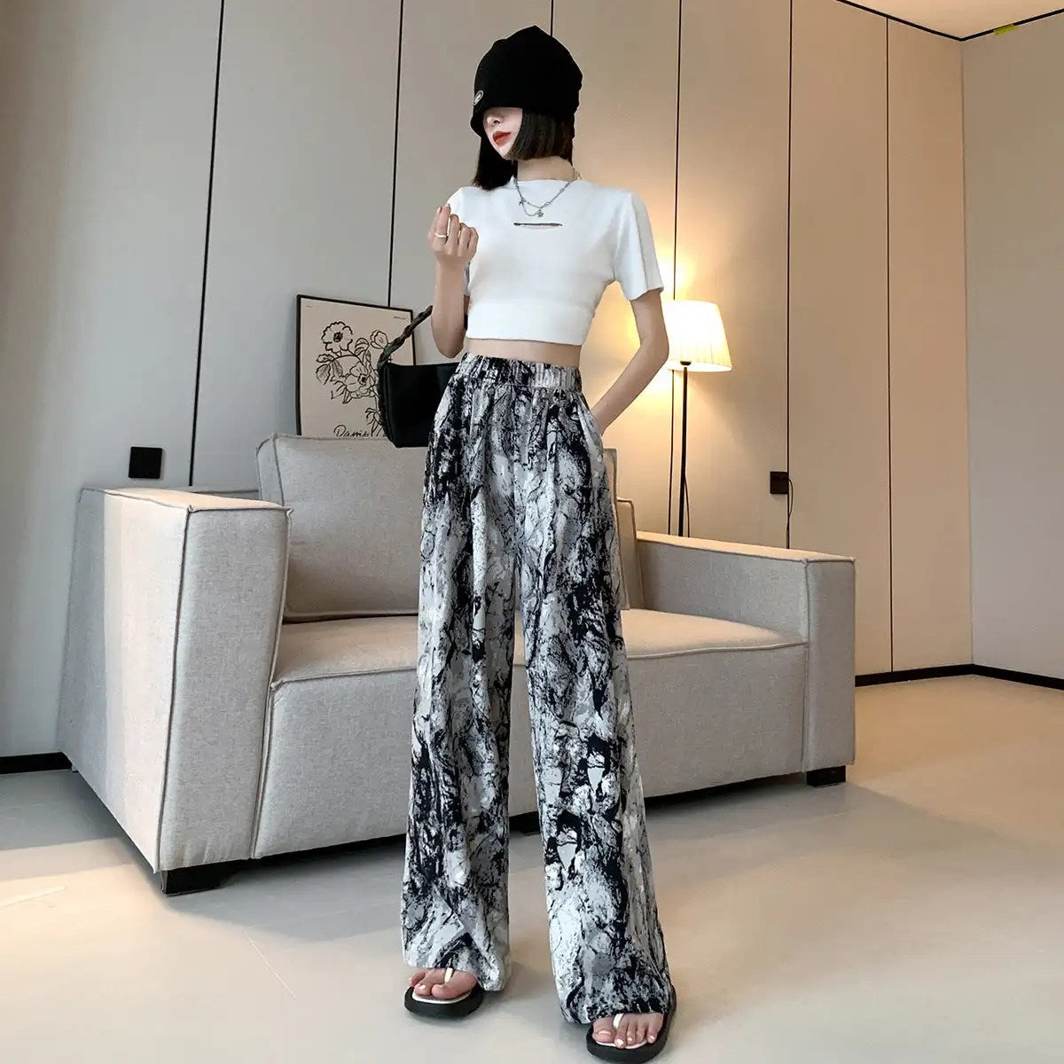 Effortlessly Chic: Ink-and-Wash Tie-Dyed Wide-Leg Women's High Waist Slim Casual Summer Pants