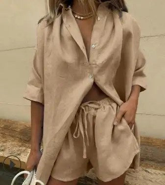 2024 Summer Women's Solid Color Shirt Short Sleeve Suit with Wide Leg Pants and Shorts