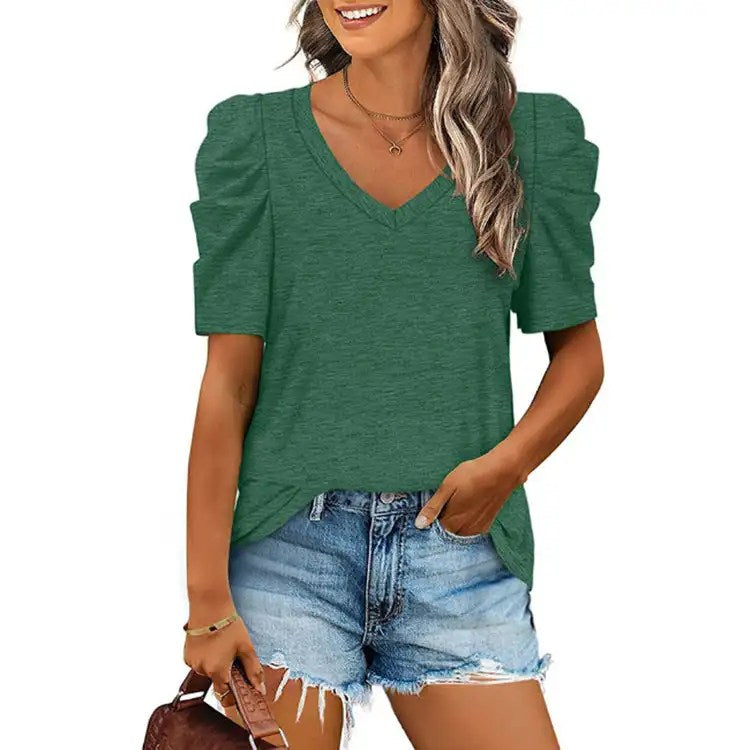 Stay Stylish this Summer with our Drawn Pleated V-neck T-shirt - Popular