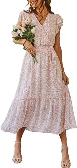 Stylish and Chic: Women's Floral Summer Dress with V-neck, Short Sleeves, Belt, and Pleated Hem - Perfect for Bohemian Fashion Lovers!